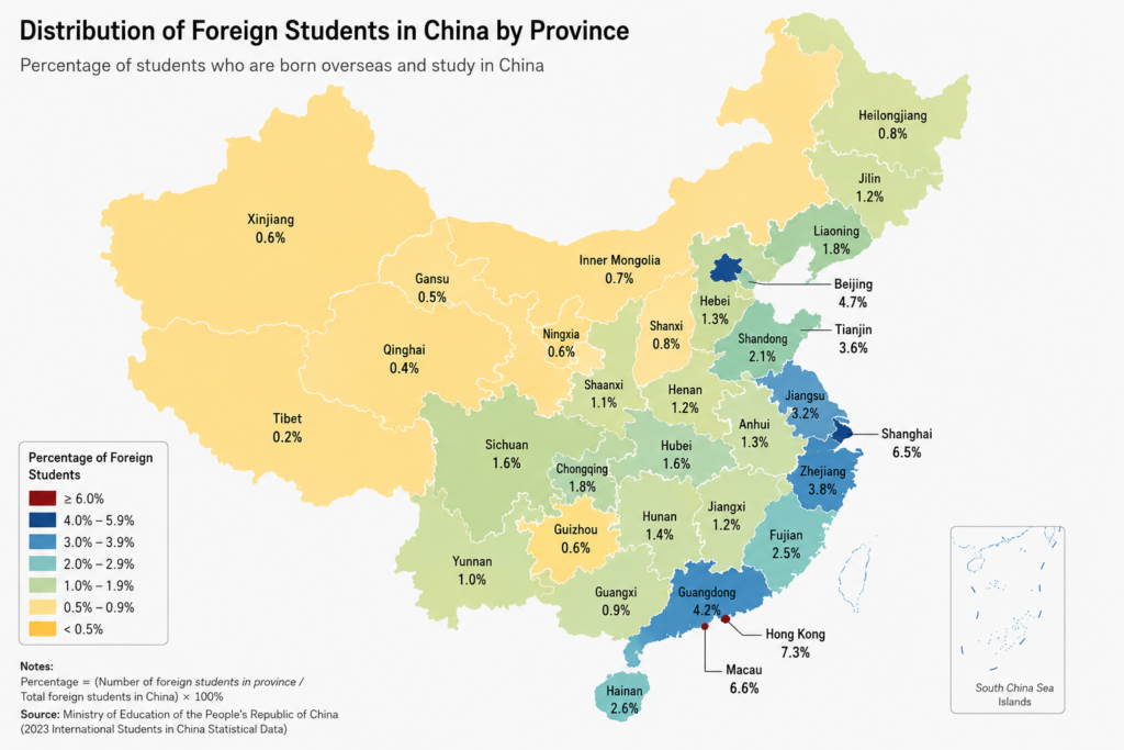 Figure: Geographical Distribution of Foreigner Students. (留学生的地域分布)